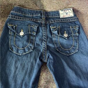 True Religion Women's Dark Blue Skinny Jeans with Contrasting Yellow Stitching
